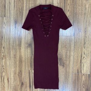 Burgundy shirt dress with unique neck line